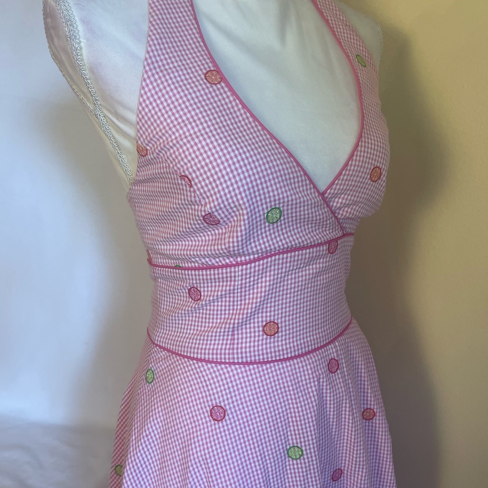 Vintage Lilly Pulitzer Pink Gingham Citrus Halter Dress Sz 0 Fit & Flare Resort - Picture 5 of 14